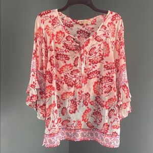 Democracy Floral Top in Ivory with Coral & Teal Accents